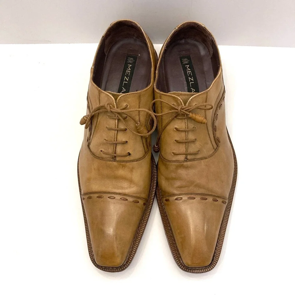 Mezlan Coppola Leather Oxford Shoes Mens 13 Tan Brown Stitching Cap Toe